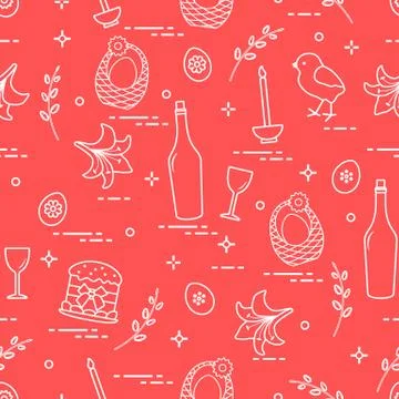 Pattern of Easter symbols: Easter cake, chick, lily, baskets, eggs and other. 스톡 일러스트