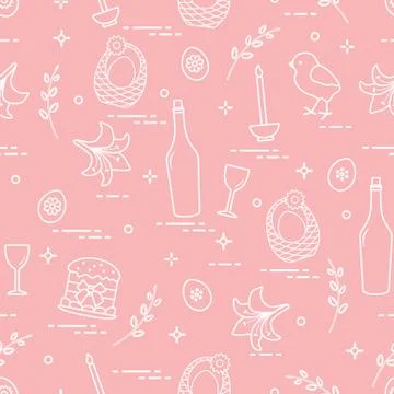 Pattern of Easter symbols: Easter cake, chick, lily, baskets, eggs and other. Stock Illustration