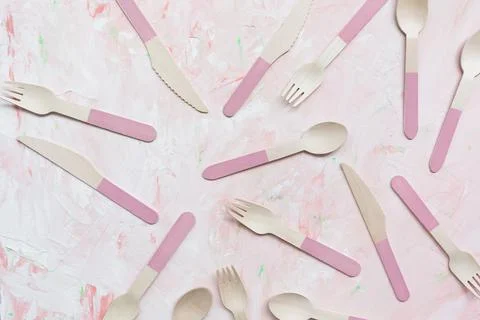 Pattern of eco friendly disposable bamboo spoon, knife, fork Stock Photos