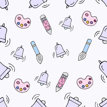 Pattern of educational objects and items - pencil, bell, palette of paints Stock Illustration