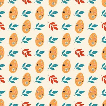 A pattern of eggs and leaves is shown in a variety of colors Stock Illustration