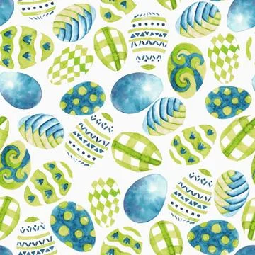 Pattern with eggs, blue and green colors, drawn with watercolor. Easter wrapp 스톡 일러스트