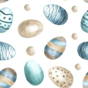 Pattern with eggs, blue and green colors, drawn with watercolor. Easter wrapping Stock Illustration