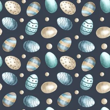 Pattern with eggs, blue and green colors, drawn with watercolor. Easter wrapping Stock Illustration