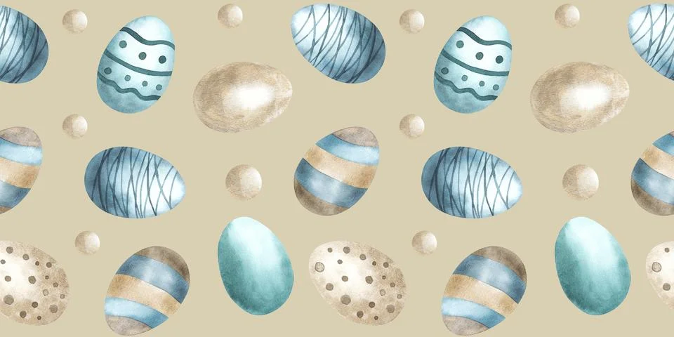 Pattern with eggs, blue and green colors, drawn with watercolor. Easter wrapping Stock Illustration