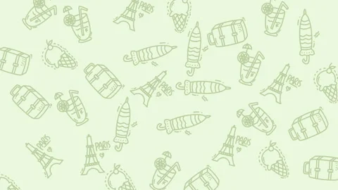 Pattern with eiffel towers suitcases umbrellas and drinks. Stock Footage 321314415