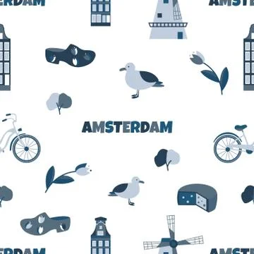 Pattern with elements and landmarks of Netherlands Stock Illustration