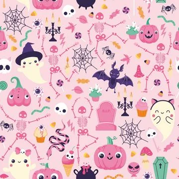 Pattern with elements for Halloween on a pink background Stock Illustration