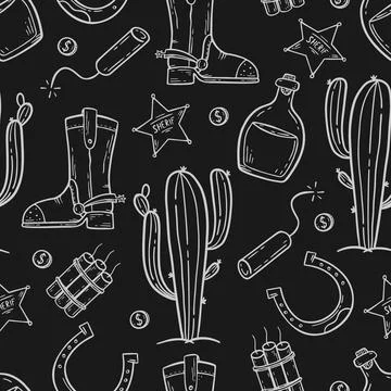A pattern with elements of the wild West in the doodle style on a black Stock Illustration