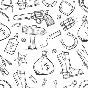 A pattern with elements of the wild West in the doodle style on a white Stock Illustration
