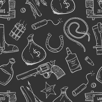 A pattern with elements of the wild West in the doodle style on a black backg Illustrazione stock