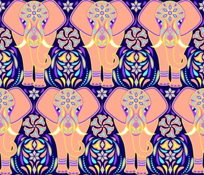 Pattern with elephant and abstract flowers Stock Illustration