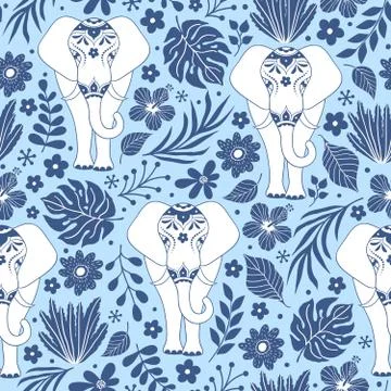 Pattern with elephants and tropical flowers Stock Illustration