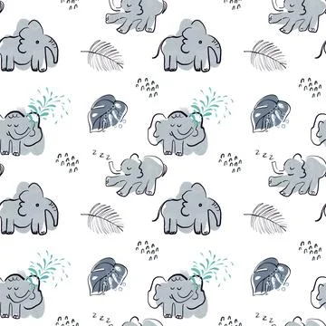 Pattern with elephants and tropical plants Stock Illustration