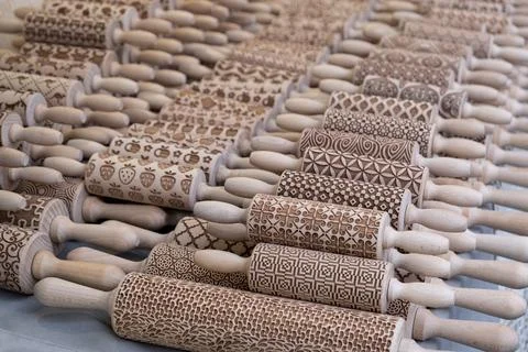 Pattern Embossing Rolling Pin, various Pattern Dough Roller. Ornaments Wood.. Stock Photos