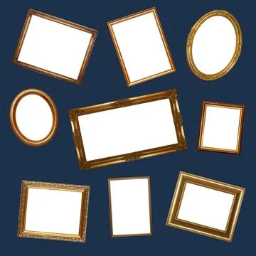 Pattern of empty golden picture frames on blue Pattern of many different e... Foto stock
