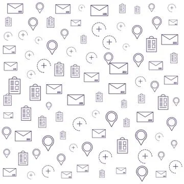 Pattern of envelope mail with pin location and set icons Stock Illustration