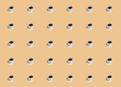 A pattern with an espresso coffee mug on a beige background. Stock Photos