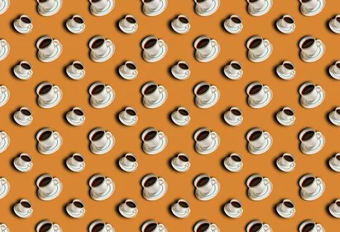 A pattern with an espresso coffee mug on a beige background. Foto stock