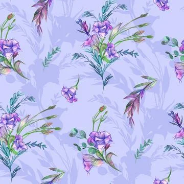 Pattern with eustoma flowers painted with watercolors and pencils on a purple Stock Illustration
