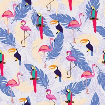Pattern with exotic tropical birds and Feathers. Illustrazione stock