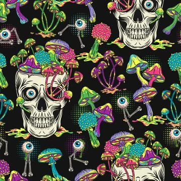 Pattern with eye monsters, mushrooms, crazy skull Stock Illustration