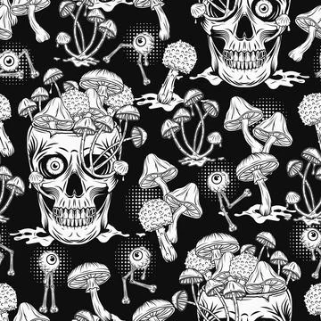 Pattern with eye monsters, mushrooms, crazy skull Stock Illustration