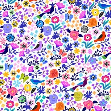 A pattern of a fabulous pattern of flowers and birds in lilac tones. On a w.. Stock Illustration