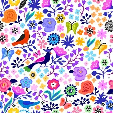 A pattern of a fabulous pattern of flowers and birds in lilac tones. Stock Illustration