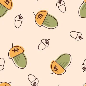 Pattern with fallen acorns in flat and line art style. Flat, cartoon, vector Illustrazione stock