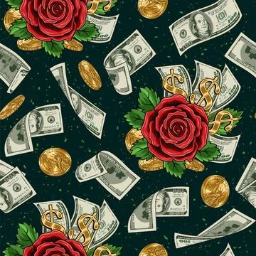 Pattern with falling dollar banknotes, coins, red rose with leaves, dollar si Stock Illustration