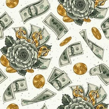 Pattern with falling dollar bills, gold coins, rose made of 100 US dollar bil Stock Illustration