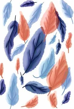 Pattern of falling Feathers in Blue and Orange watercolor for bohemian decor Stock Illustration