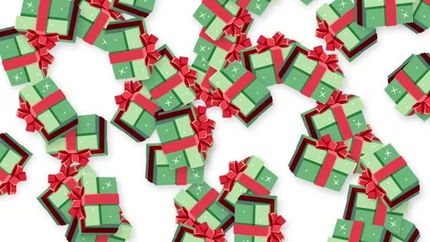 Pattern of Falling Green Christmas Gift Boxes on White Background Stock Footage 345316786