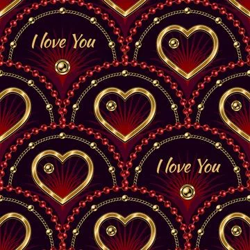 Pattern with fan shaped grid, gold chains, hearts Stock Illustration
