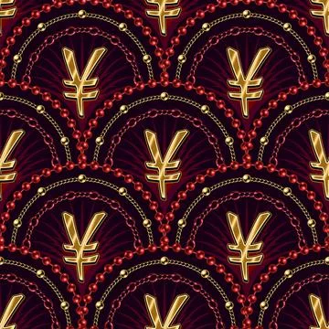 Pattern with fan shaped grid, yen sign, chains Stock Illustration