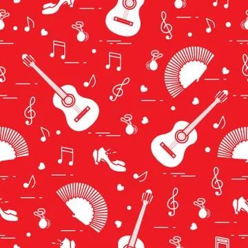 Pattern with fan, shoes, castanets, notes, guitars Stock Illustration