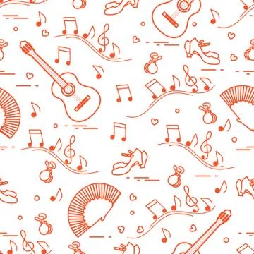 Pattern with fan, shoes, castanets, notes, guitars Stock Illustration