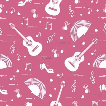 Pattern with fan, shoes, castanets, notes, guitars Stock Illustration