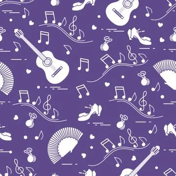 Pattern with fan, shoes, castanets, notes, guitars 스톡 일러스트