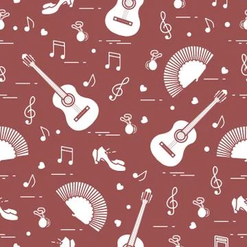 Pattern with fan, shoes, castanets, notes, guitars Stock Illustration