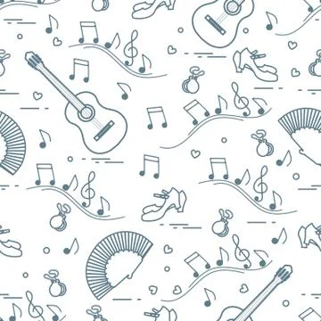 Pattern with fan, shoes, castanets, notes, guitars Illustrazione stock
