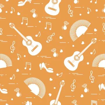 Pattern with fan, shoes, castanets, notes, guitars Stock Illustration