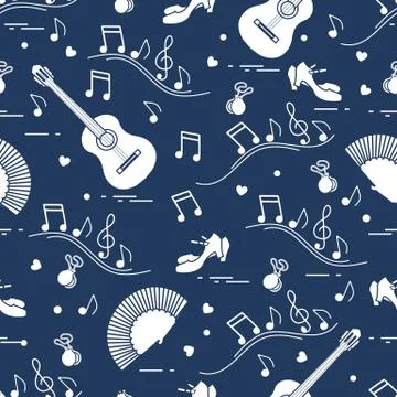Pattern with fan, shoes, castanets, notes, guitars Illustrazione stock