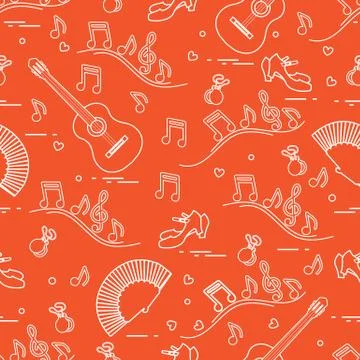 Pattern with fan, shoes, castanets, notes, guitars Stock Illustration