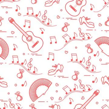 Pattern with fan, shoes, castanets, notes, guitars Stock Illustration
