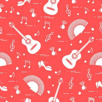 Pattern with fan, shoes, castanets, notes, guitars Illustrazione stock