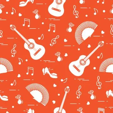 Pattern with fan, shoes, castanets, notes, guitars Illustrazione stock