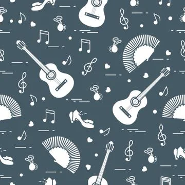 Pattern with fan, shoes, castanets, notes, guitars Stock Illustration