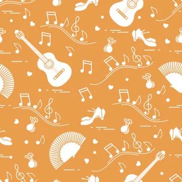 Pattern with fan, shoes, castanets, notes, guitars 스톡 일러스트